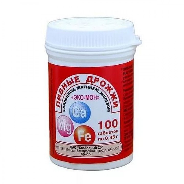Дрожжи пивные Эко-мон с кальцием, магнием, железом, 0.5 г, таблетки, 100 шт. фото