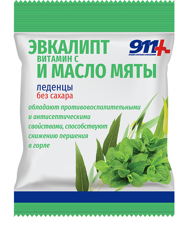 911 Ваша служба спасения леденцы с витамином C, леденцы без сахара, 50 г, 1 шт, эвкалипт + масло мяты фото