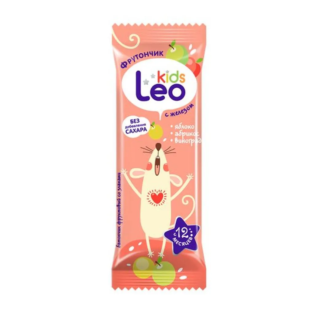 Леовит Leo Kids Фрутончик батончик фруктовый со злаками, 20 г, 1 шт, яблоко + курага + рис фото