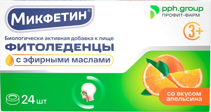 Микфетин Фитоледенцы с эфирными маслами, леденцы, 24 шт, со вкусом апельсина фото
