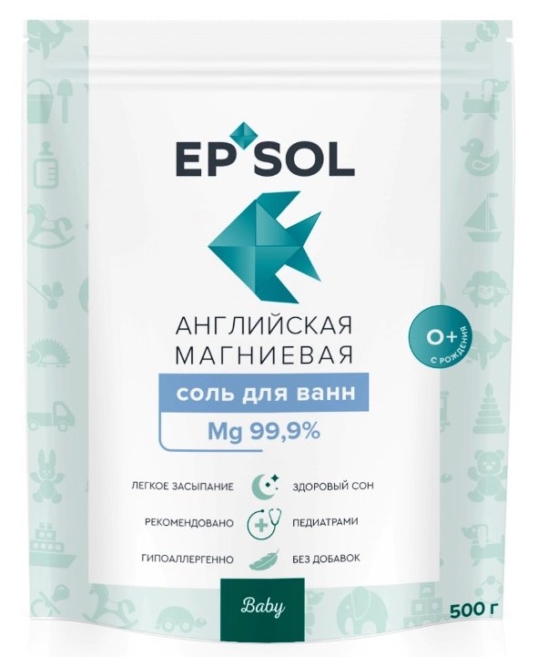 Epsol Baby соль английская магниевая расслабляющая 0+, соль для ванн, 500 г, 1 шт. фото