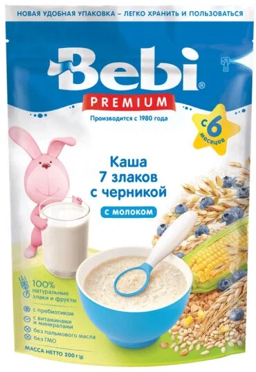 Bebi Premium каша 7 злаков с молоком, 6+ мес, каша детская молочная, 200 г, 1 шт, черника фото