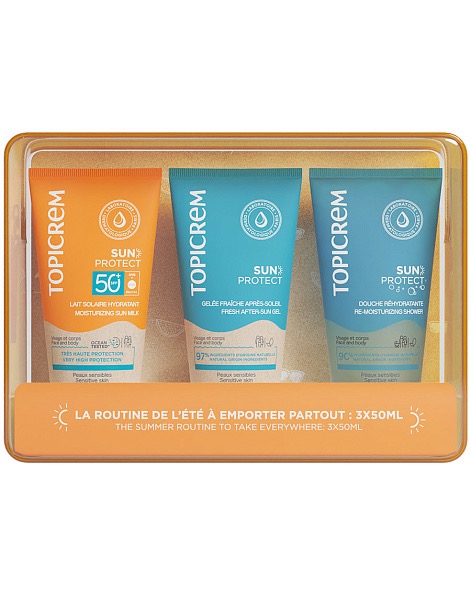 Topicrem Sun Protect Молочко увлажняющее SPF50 50 мл + желе после загара 50 мл + гель для душа 50 мл, набор, 1 шт. фото