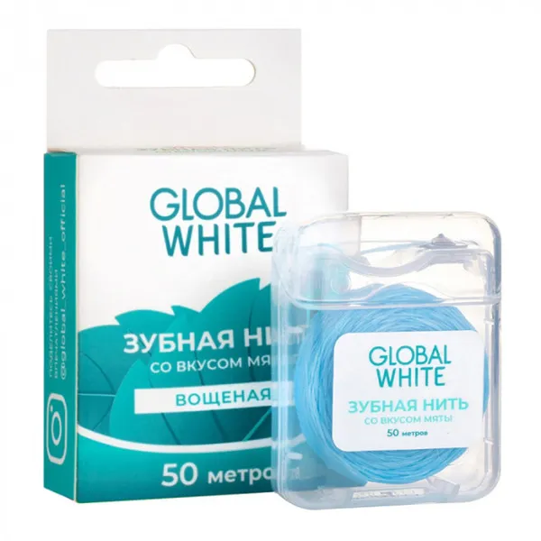 Global White Нить зубная вощеная, 50 м, 1 шт, мята фото