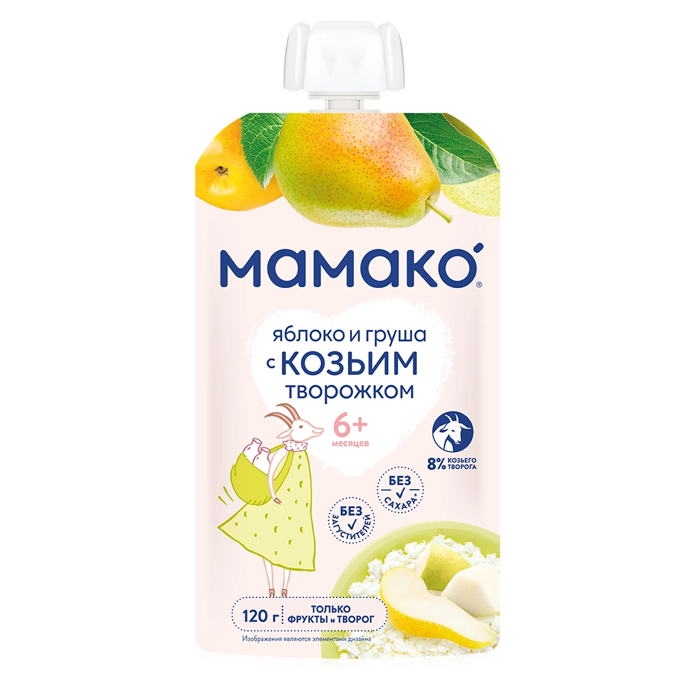 Мамако пюре с козьим творогом, пюре, 120 г, 1 шт, яблоко + груша фото