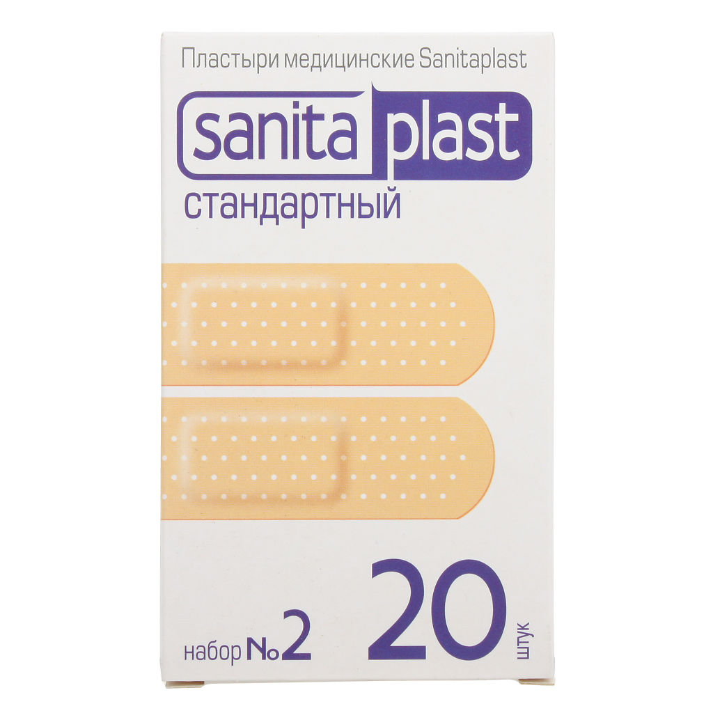 Sanitaplast Стандартный набор №2, 1.9 см х 7.2 см, пластырь в комплекте, 20 шт, телесного цвета, полимерная основа фото