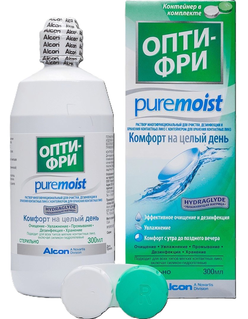 Опти-Фри Рure Moist Раствор, раствор для обработки и хранения мягких контактных линз, 300 мл, 1 шт, в комплекте с контейнером для хранения линз фото