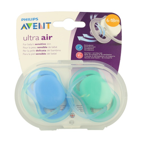 AVENT Ultra Air пустышка силиконовая ортодонтическая с футляром, 6-18 месяцев, 2 шт, арт. SCF244/22 фото