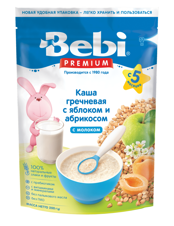 Bebi Premium каша гречневая с молоком, 5+ мес, каша детская молочная, 200 г, 1 шт, яблоко + абрикос фото