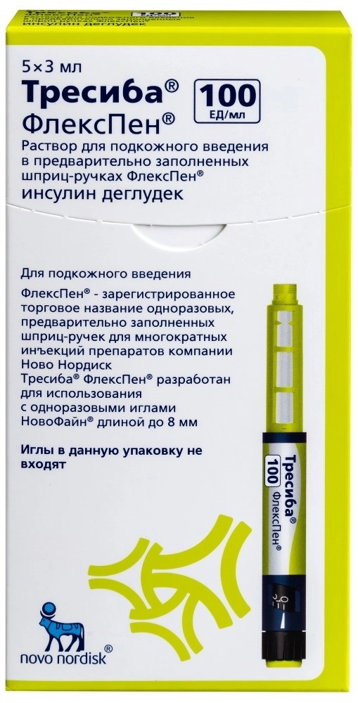 Тресиба, 100 ЕД/мл, раствор для подкожного введения, 3 мл, 5 шт, в шприц-ручках ФлексПен фото