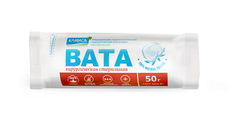 Клинса Вата хирургическая стерильная, 50 г, 1 шт. фото