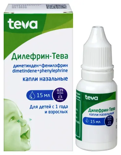 Дилефрин-Тева, 0.25 мг + 2.5 мг/мл, капли назальные, 15 мл, 1 шт. фото