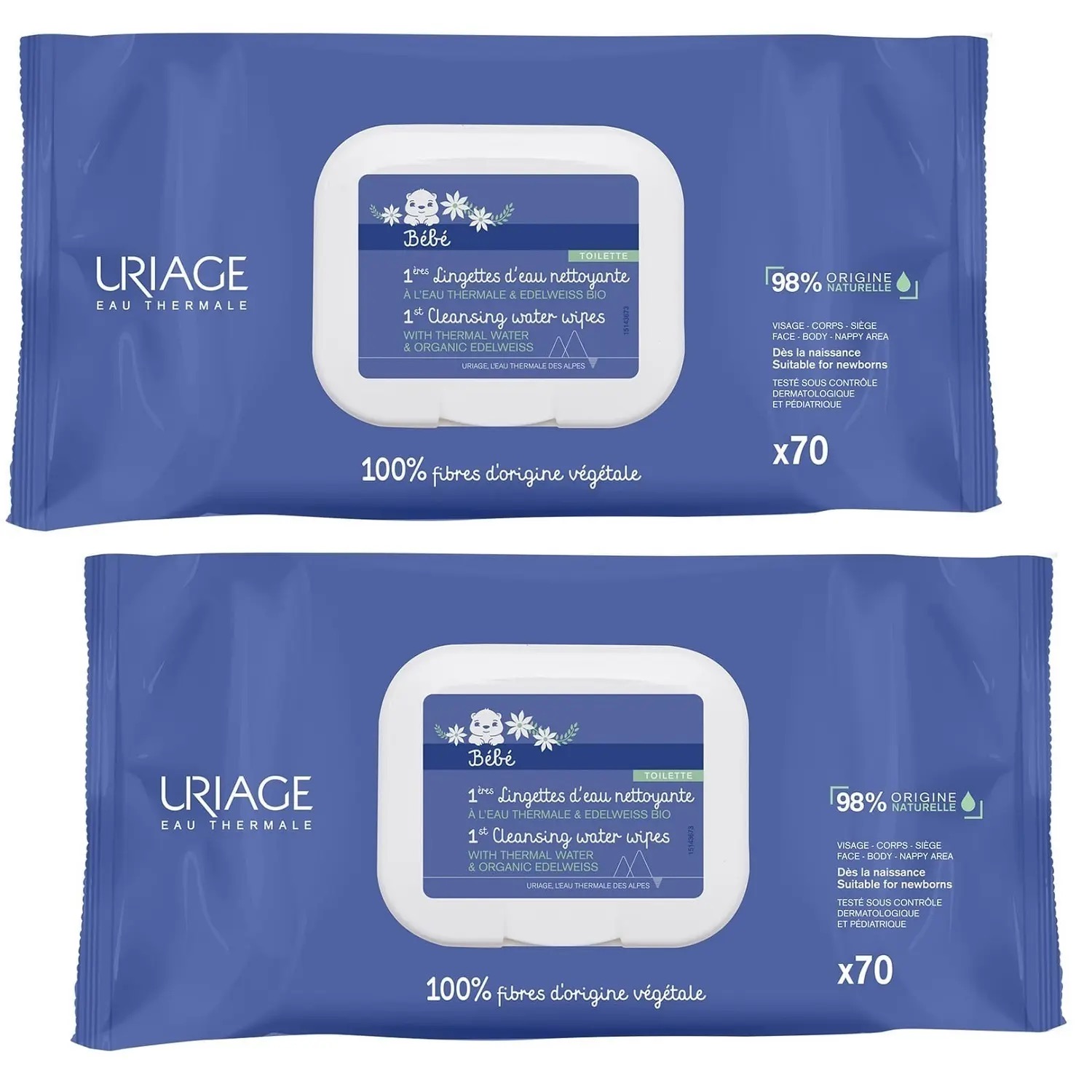 Uriage Bebe Салфетки первые очищающие, набор, 70 шт, 2 упаковки фото