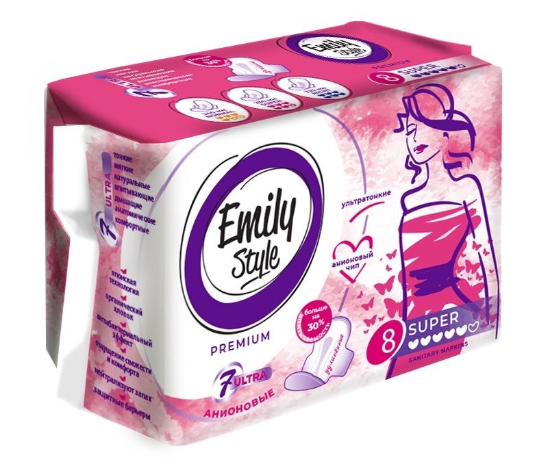 Emily Style Premium Super прокладки анионовые, прокладки женские гигиенические, 8 шт. фото