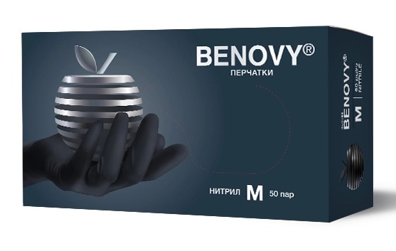 Benovy перчатки смотровые нитриловые нестерильные неопудренные текстурированные на пальцах хлорированные, Medium M, пара, 50 шт, черные фото