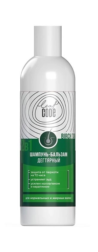 Leaf Code Шампунь-бальзам Дегтярный для нормальных и жирных волос 2в1, шампунь - бальзам, 250 мл, 1 шт. фото