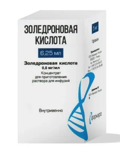 Золедроновая кислота, 0.8 мг/мл, концентрат для приготовления раствора для инфузий, 6.25мл, 1 шт. фото