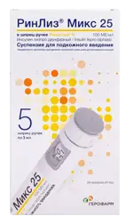РинЛиз Микс 25, 100 МЕ/мл, суспензия для подкожного введения, 3 мл, 5 шт, картриджи со шприц-ручкой Ринастра II фото
