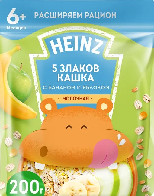 Heinz каша молочная 5 злаков, 6+ мес, каша детская молочная, 200 г, 1 шт, яблоко + банан фото