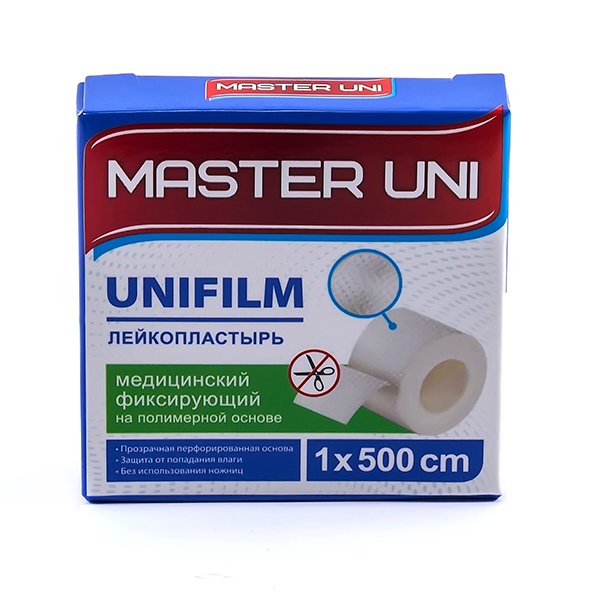 Master Uni Unifilm Лейкопластырь полимерная основа, 1 см х 500 см, пластырь, 1 шт, прозрачный фото