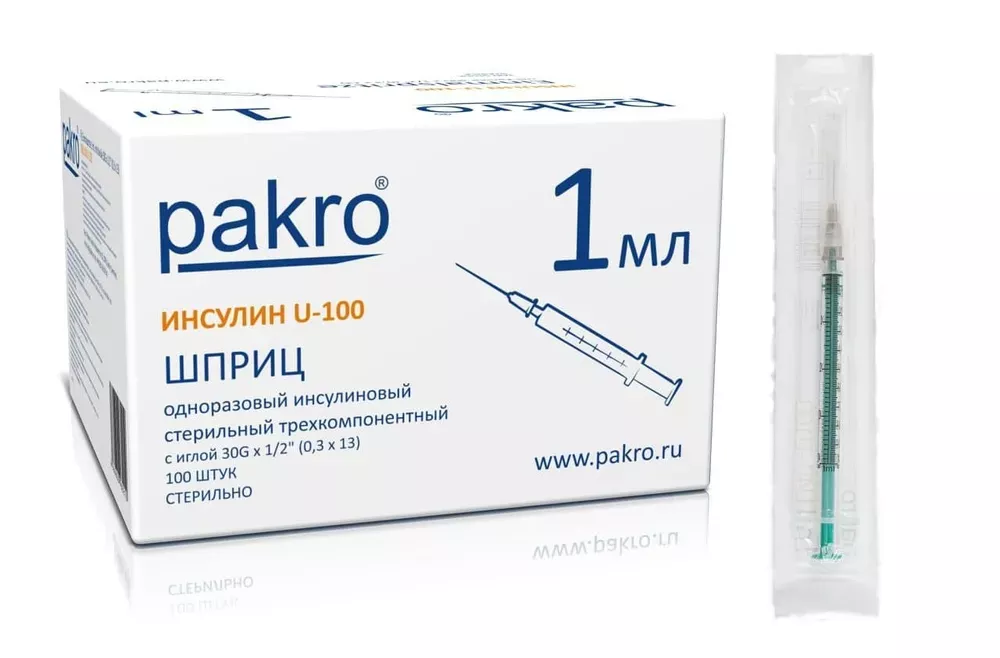 Pakro Шприц инсулиновый 3-х компонентный U-100, 1 мл, шприц в комплекте с иглой, 100 шт, 30G (0.30x13 мм) фото