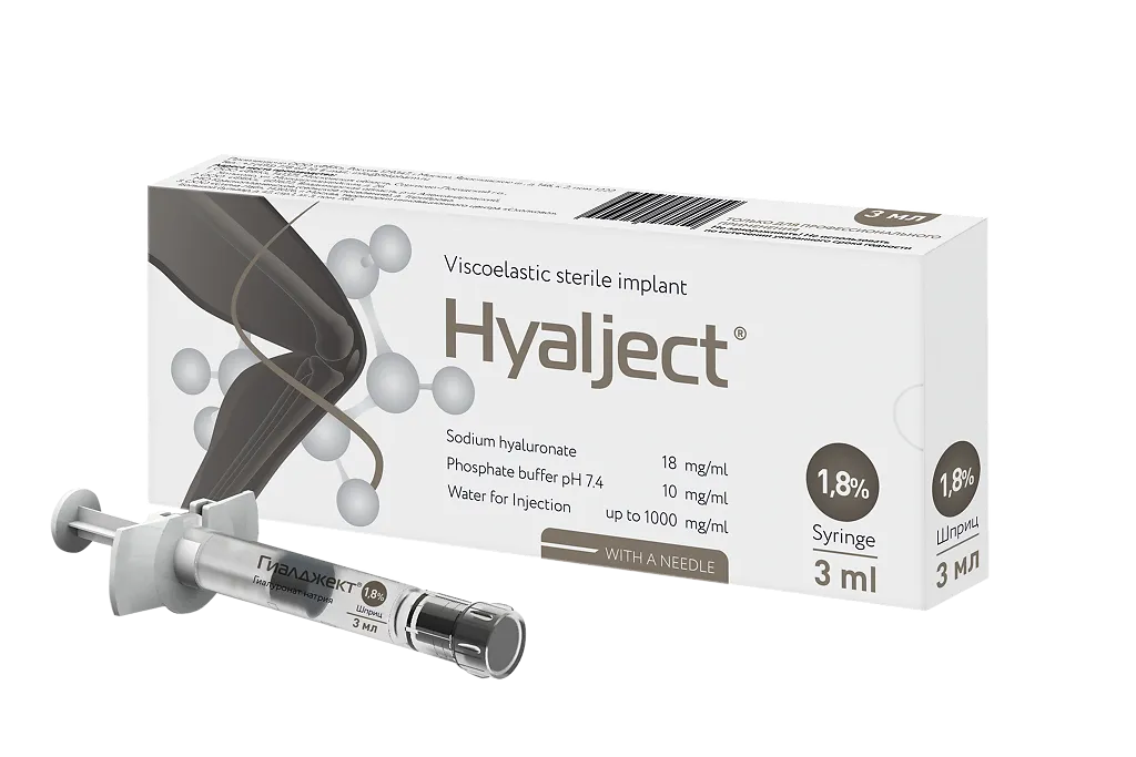 Гиалджект, 1.8%, имплантат для внутрисуставных инъекций, 3 мл, 1 шт. фото
