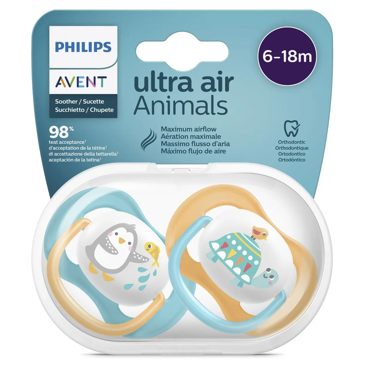 AVENT Ultra Air Animals Пустышка силиконовая ортодонтическая с футляром, 6-18 месяцев, 2 шт, арт. SCF080/07 фото