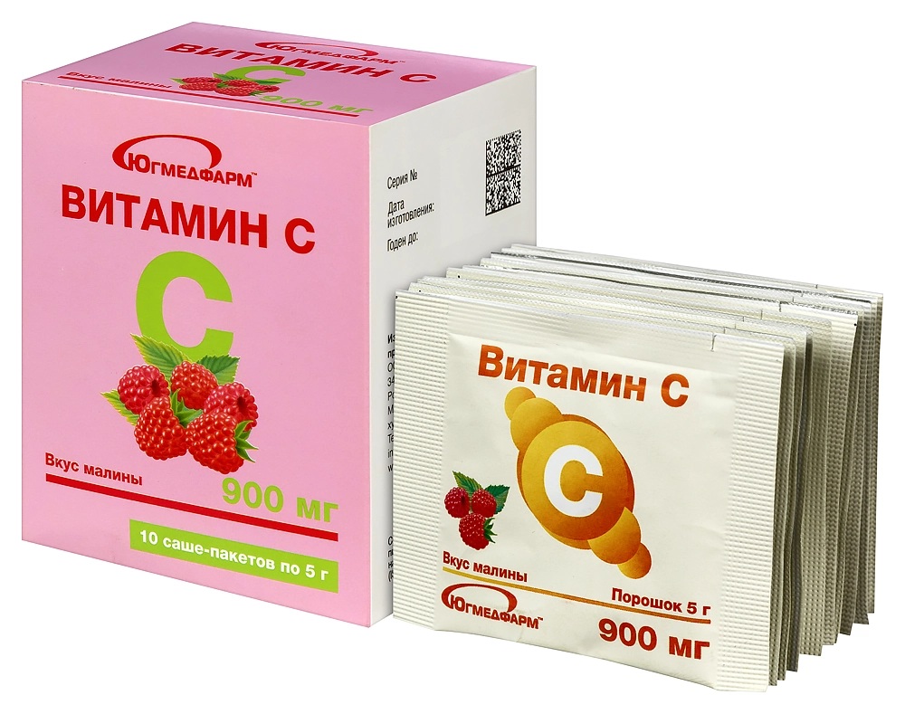 Витамин С Югмедфарм, 900 мг, порошок для приготовления раствора для приема внутрь, 5 г, 10 шт, малина фото