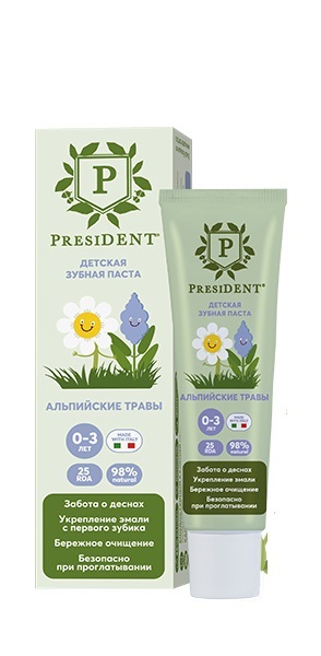 PresiDENT Зубная паста детская Альпийские травы 25 RDA, паста зубная, 32 г, 1 шт, без фтора, 0 - 3 года фото