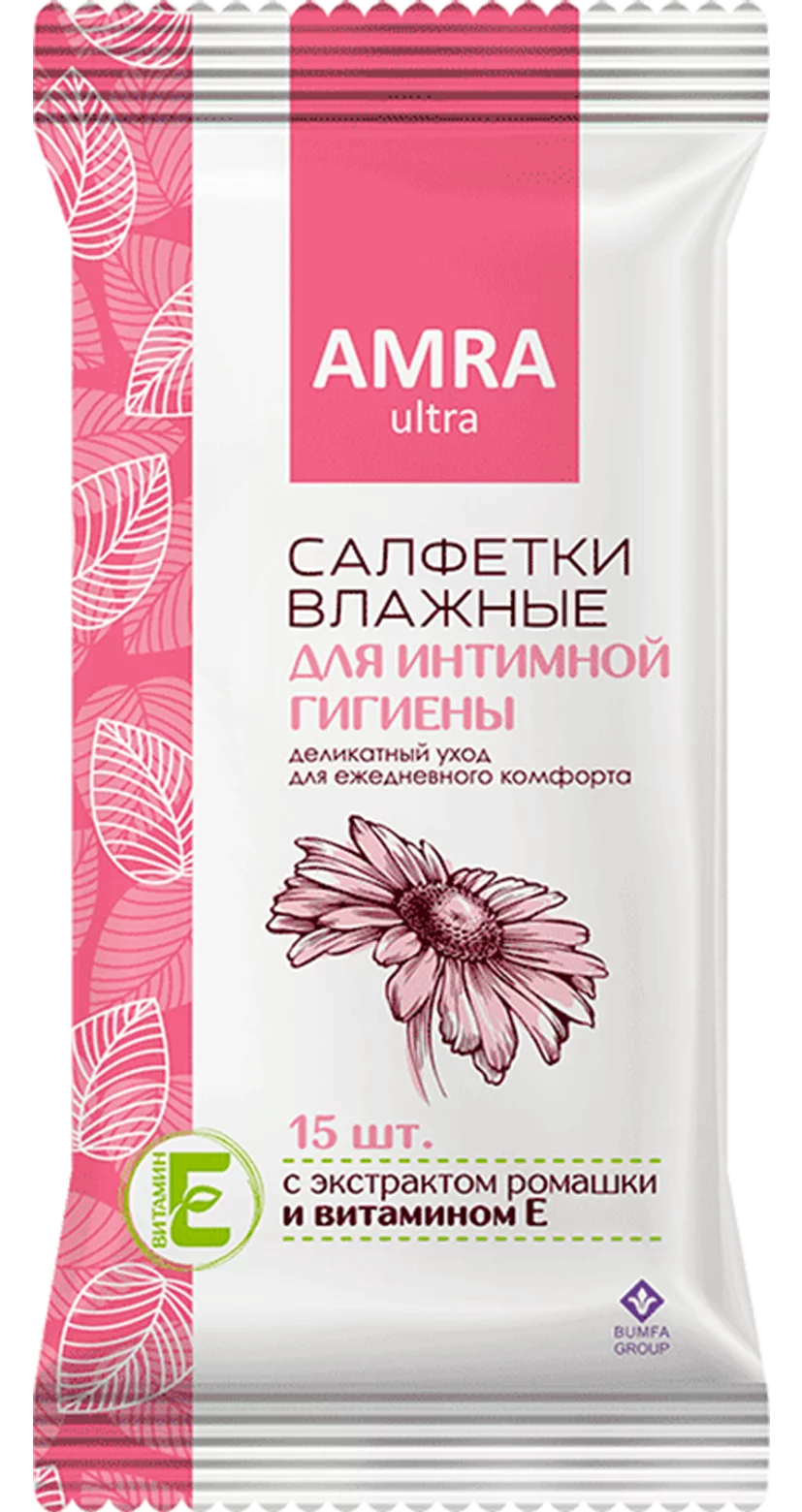 Amra Салфетки влажные для интимной гигиены, 15 шт, ромашка и витамин Е фото