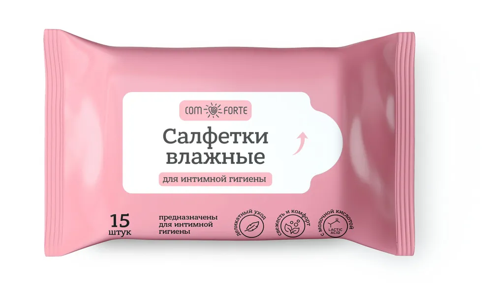 ComForte Салфетки влажные для интимной гигиены с молочной кислотой и экстракт ромашки, салфетки, 15 шт. фото