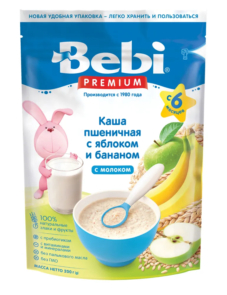 Bebi Premium каша пшеничная с молоком, 6+ мес, каша детская молочная, 200 г, 1 шт, яблоко + банан фото