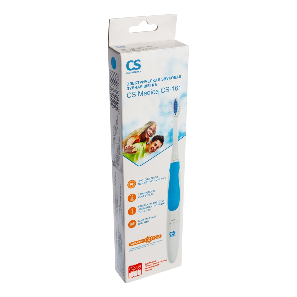 CS Medica CS-161 Электрическая зубная щетка звуковая, щетка зубная, 1 шт, голубого цвета, 2 насадки фото