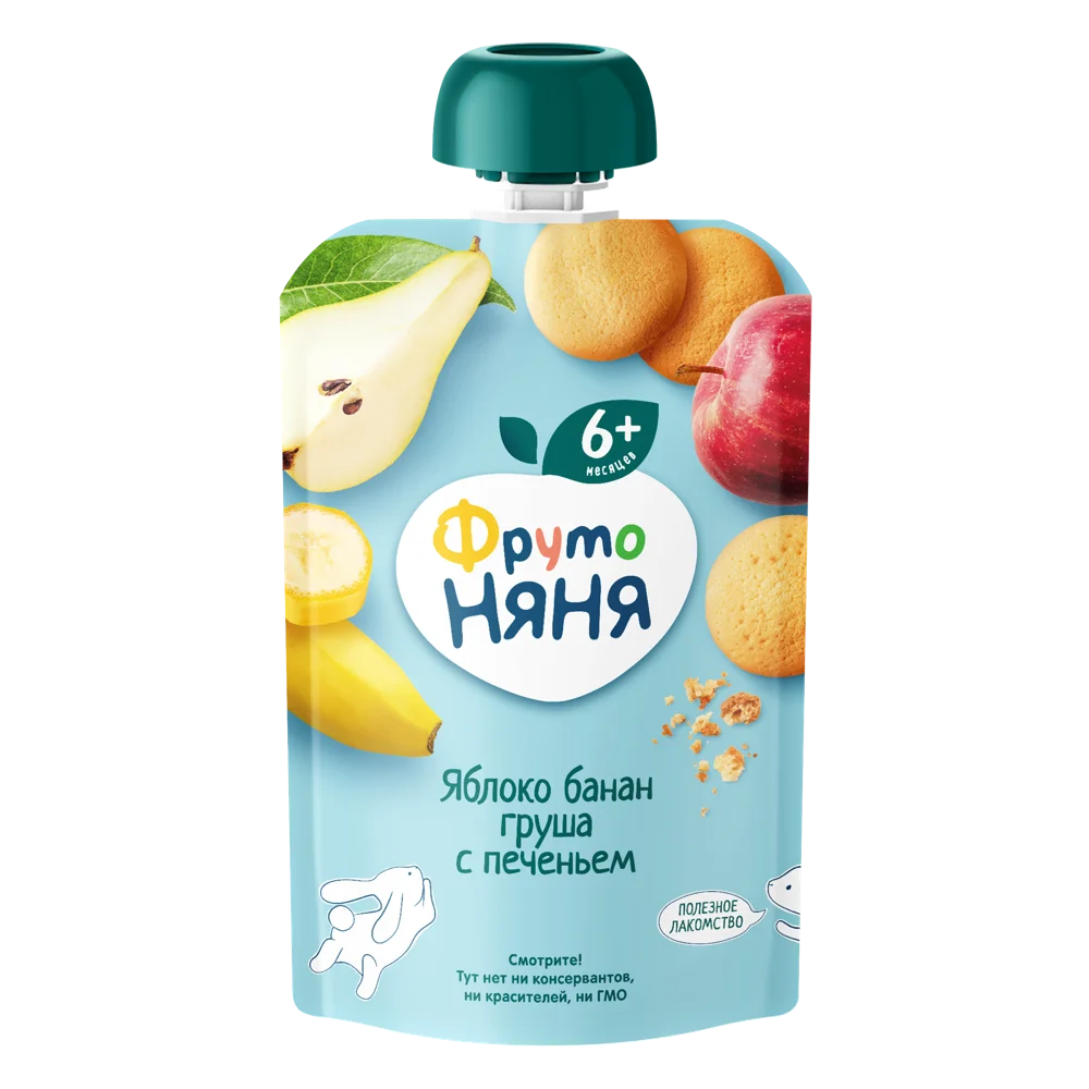 Фрутоняня детское пюре, пюре, 90 г, 1 шт, яблоко + банан + груша + печенье фото