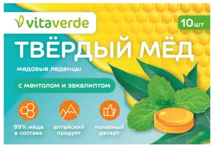 Vitaverde Твердый мед, леденцы, 10 шт, эвкалипт + ментол фото