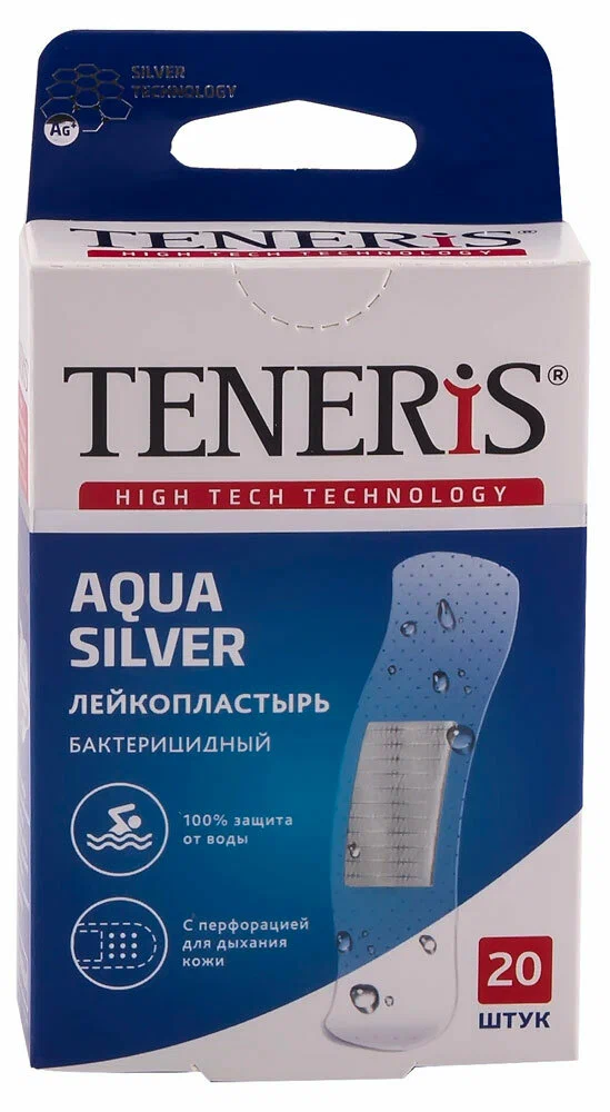 Teneris Aqua Silver Лейкопластырь прозрачный, 76х19мм, пластырь, 20 шт, водонепроницаемые фото