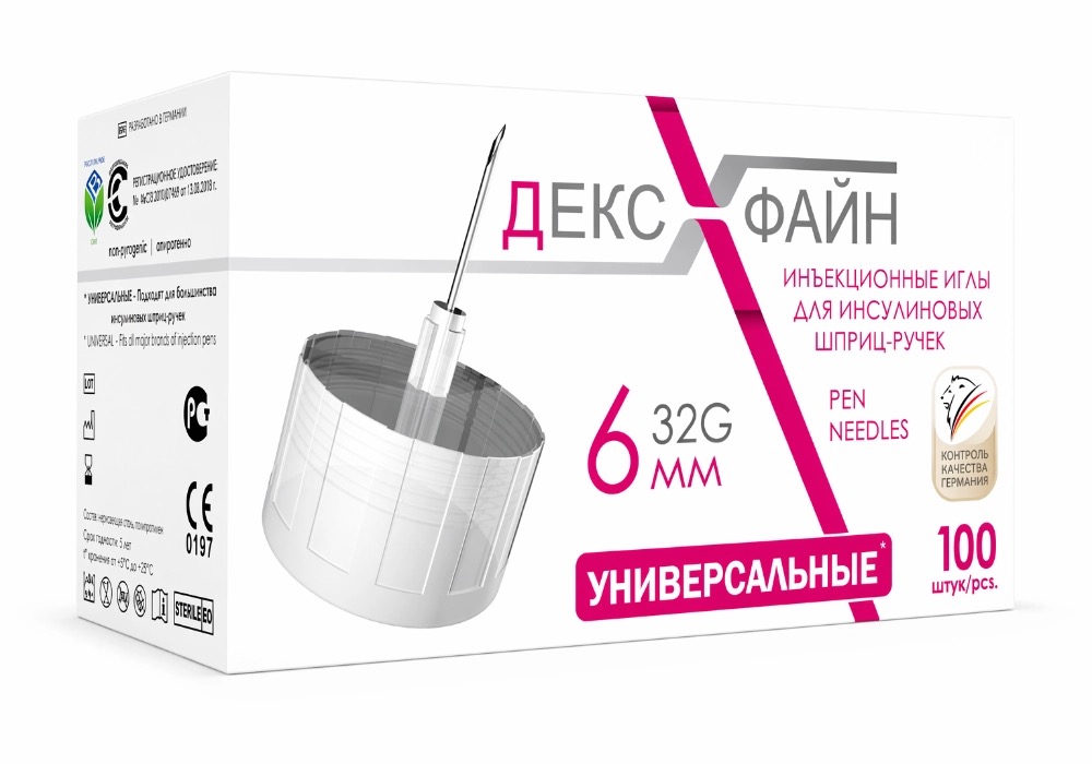 DEXFINE Иглы универсальные инъекционные одноразовые для инсулиновых шприц-ручек, 100 шт, 32G (0,23x6мм) фото