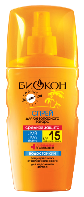 Биокон Солнце Спрей для безопасного загара SPF15, спрей, 160 мл, 1 шт, водостойкий фото