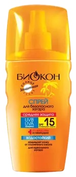 Биокон Солнце Спрей для безопасного загара SPF15, спрей, 160 мл, 1 шт, водостойкий фото