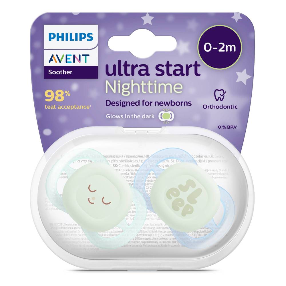 Avent Ultra Start Nighttime Соска-пустышка силиконовая, 0-2 месяца, 2 шт, с футляром, арт. SCF075/08 фото