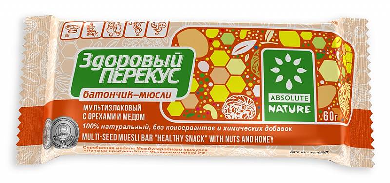 Здоровый Перекус, батончик-мюсли, 60 г, 1 шт, орехи + мёд фото