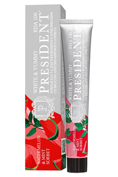 PresiDENT White & Yummy Зубная паста Бережное отбеливание 100 RDA, паста зубная, 75 г, 1 шт, арбузно-мятный сорбет фото
