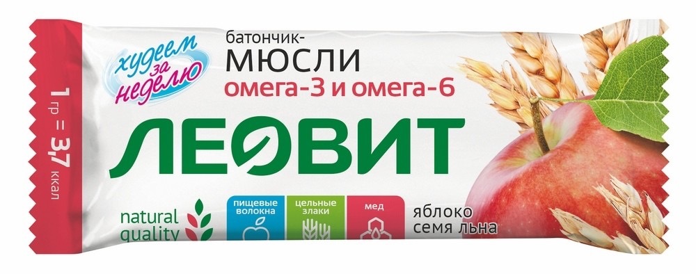 Леовит Худеем за неделю Батончик-мюсли, батончик, 30 г, 1 шт, с яблоком и семенем льна фото