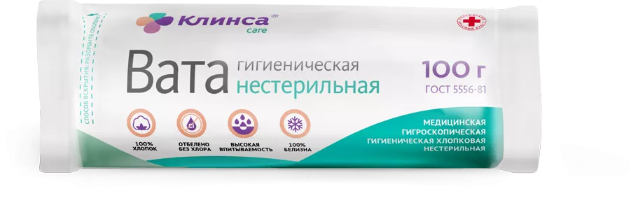 Клинса Вата гигиеническая нестерильная, 100 г, 1 шт. фото