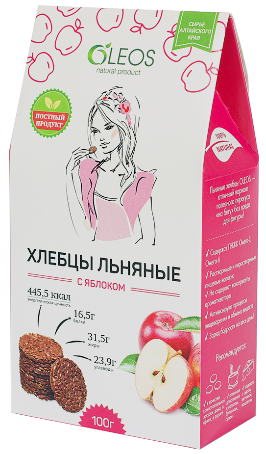 Oleos Хлебцы льняные, хлебцы, 100 г, 1 шт, с яблоком фото