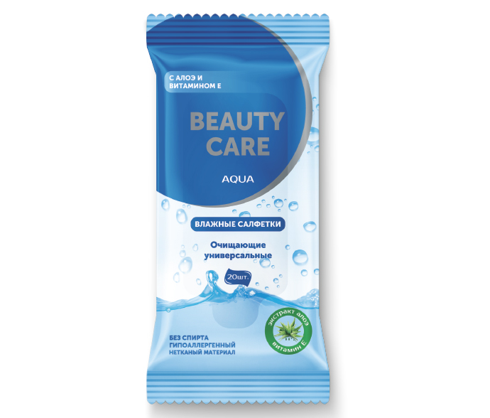 BC Салфетки очищающие универсальные Алоэ и витамин Е, салфетки влажные, 20 шт, без спирта фото