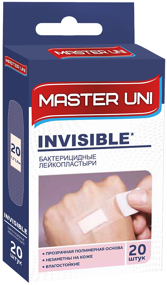 Master Uni Invisible Лейкопластырь бактерицидный прозрачный, лейкопластырь бактерицидный, 20 шт, полимерная основа фото