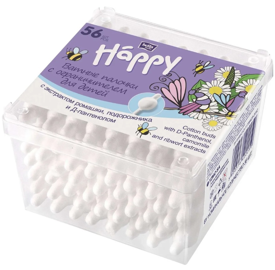 Bella Baby Happy Ватные палочки с ограничителем, ватные палочки, 56 шт, с ромашкой, подорожником и Д-пантенолом фото