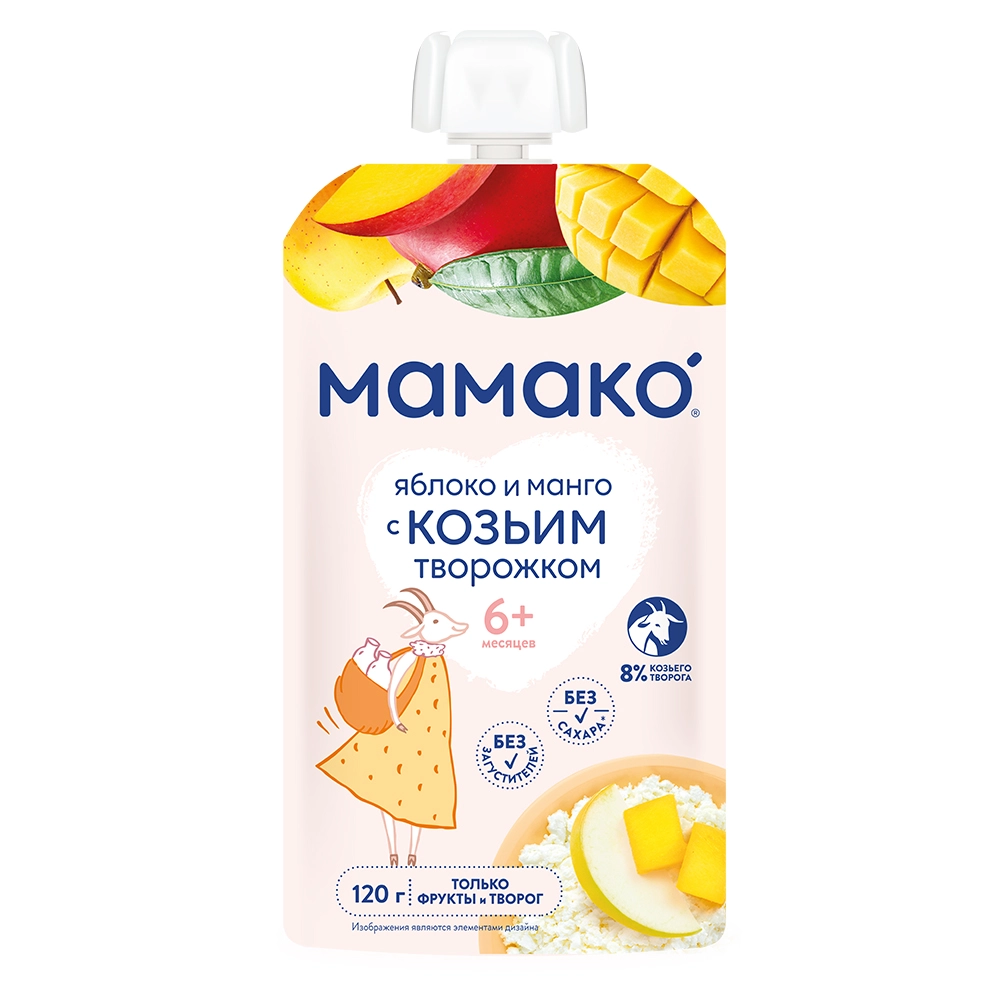 Мамако пюре с козьим творогом, пюре, 120 г, 1 шт, манго + яблоко фото