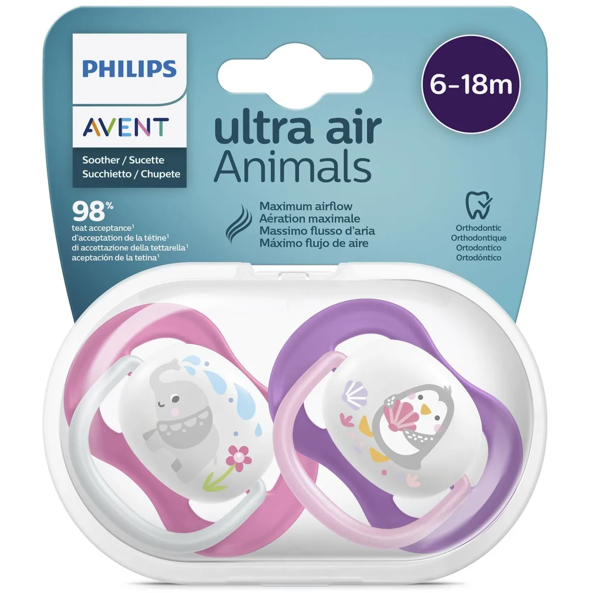 AVENT Ultra Air Animals Пустышка силиконовая ортодонтическая с футляром, 6-18 месяцев, 2 шт, арт. SCF080/08 фото